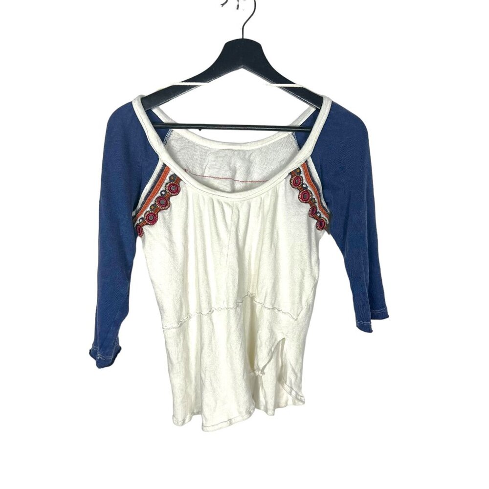 Free People White Blue Ragland Long Sleeve Top XS - Picture 3 of 8
